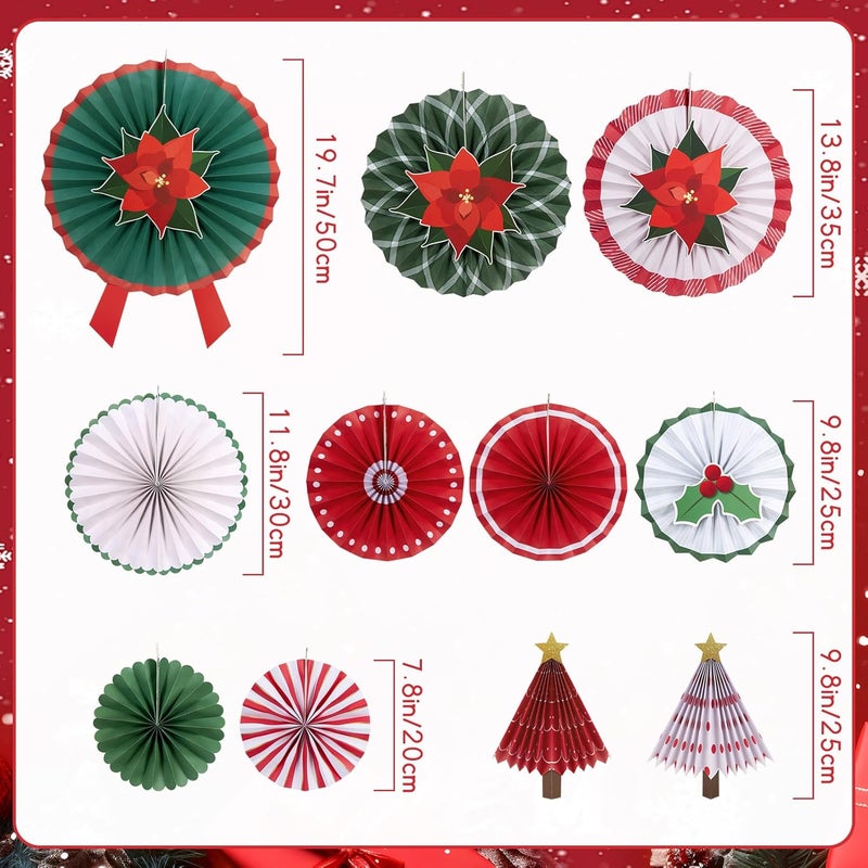 paper jazz 15cs Christmas Hanging Paper Fans with Poinsettia Christmas Paper Tree,Vintage Christmas Red Green White Wall Decorations for Xmas,New Year,Winter Party,Holiday Party. - Image 3